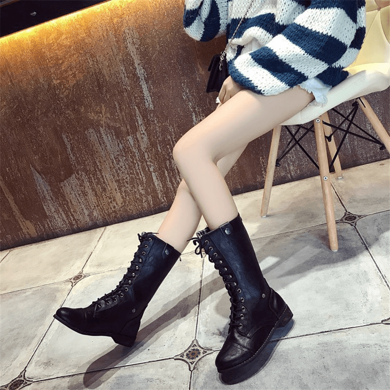 Womens Motorcycle Warm Lace up Winter Casual Mid Calf Boots