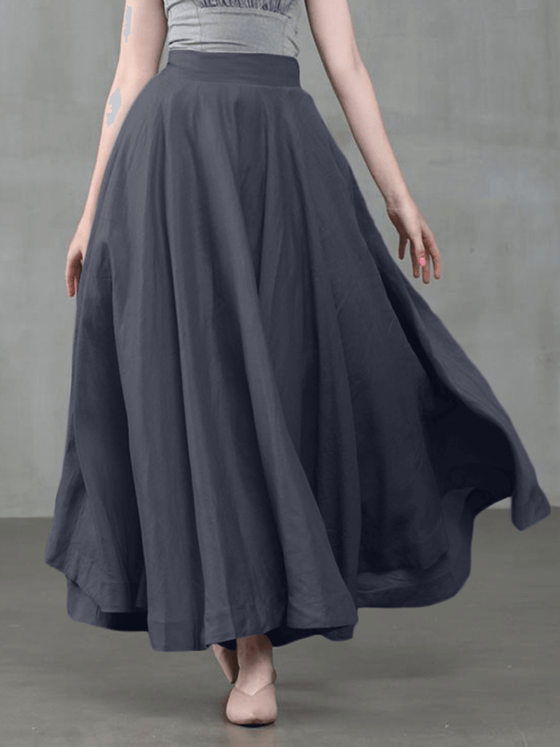 Women Solid Color Back Zip Pleated Casual Swing Skirts with Pocket - MRSLM