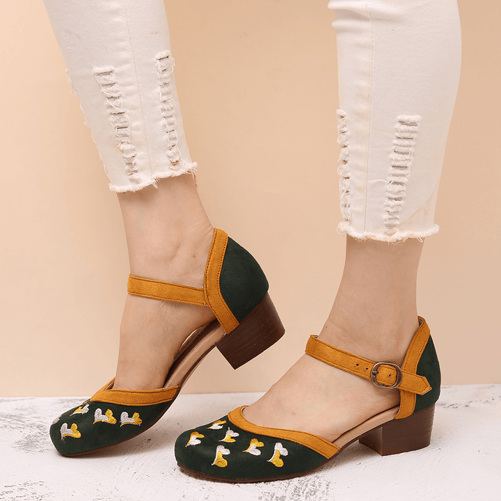 LOSTISY Women Embroidery round Toe Ankle Strap Comfy Casual Heels Pumps