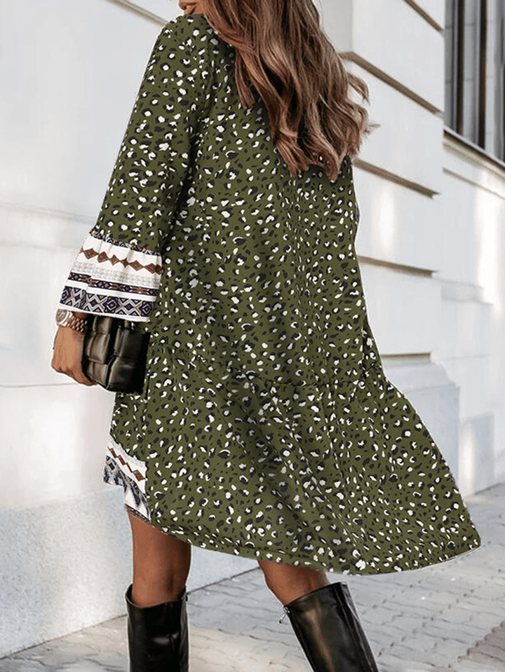 V-Neck Full Sleeve Floral Printed Bohemian Loose Dress for Women