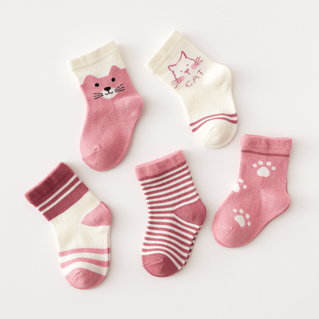 5 Pairs of Children Four Seasons Tube Socks Pink Cat