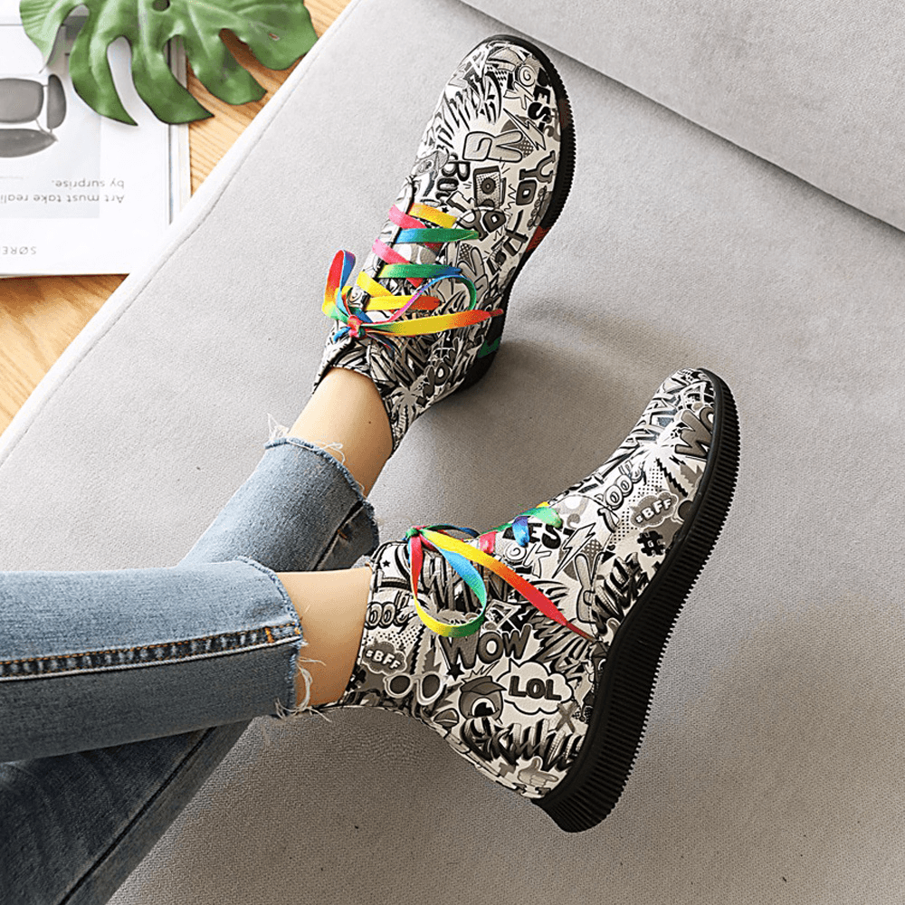 Women Casual Letter Graffiti Printing Multicolor Lace up Short Combat Boots