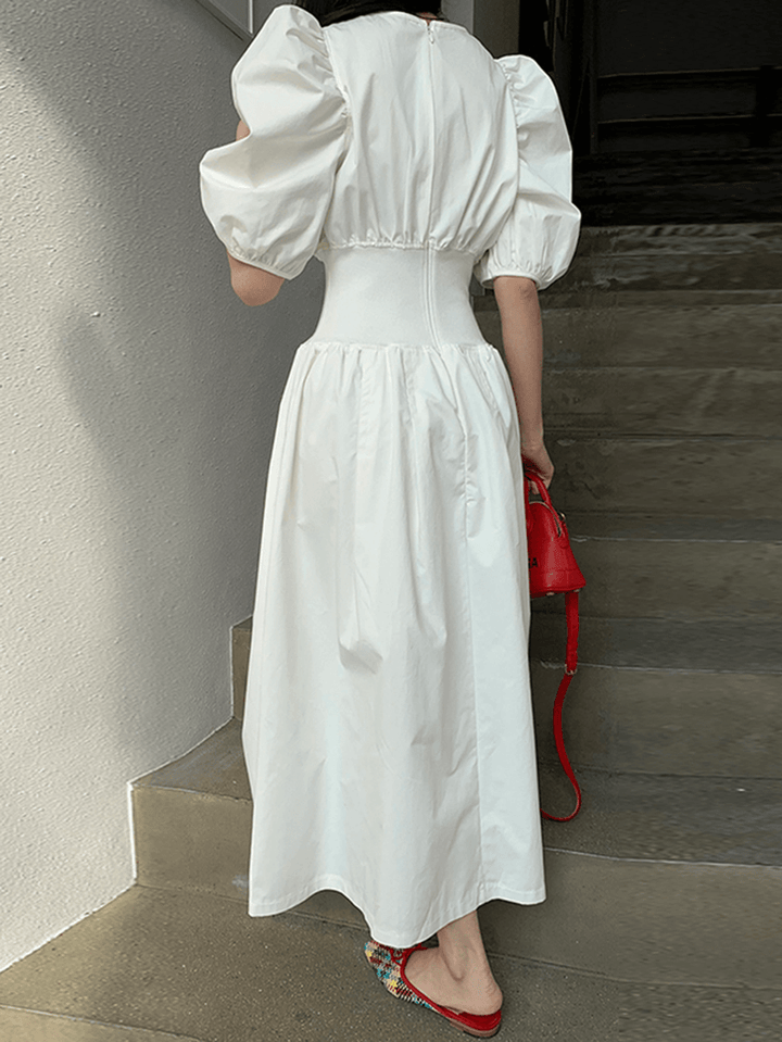 Puff Sleeve O-Neck Short Sleeve Elastic Cuffs Casual Maxi Dress