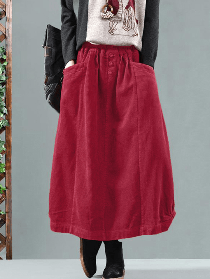 Women Corduroy Button Trim Elastic Waist Solid Retro Skirt with Pocket