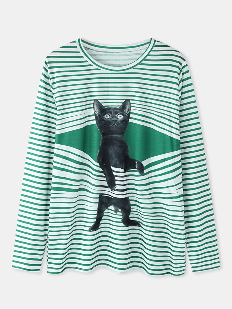 Women Cute Cartoon Cat Stripe Print round Neck Casual Long Sleeve Sweatshirts