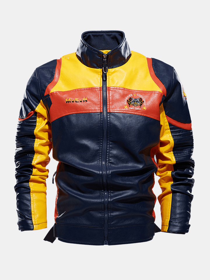 Mens Embroidery Patchwork PU Leather Motorcycle Long Sleeve Jacket