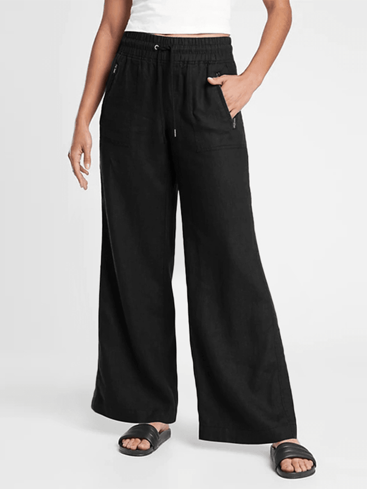 Solid Color Elastic Waist Side Pocket Simple Casual Wide Leg Pants for Women - MRSLM