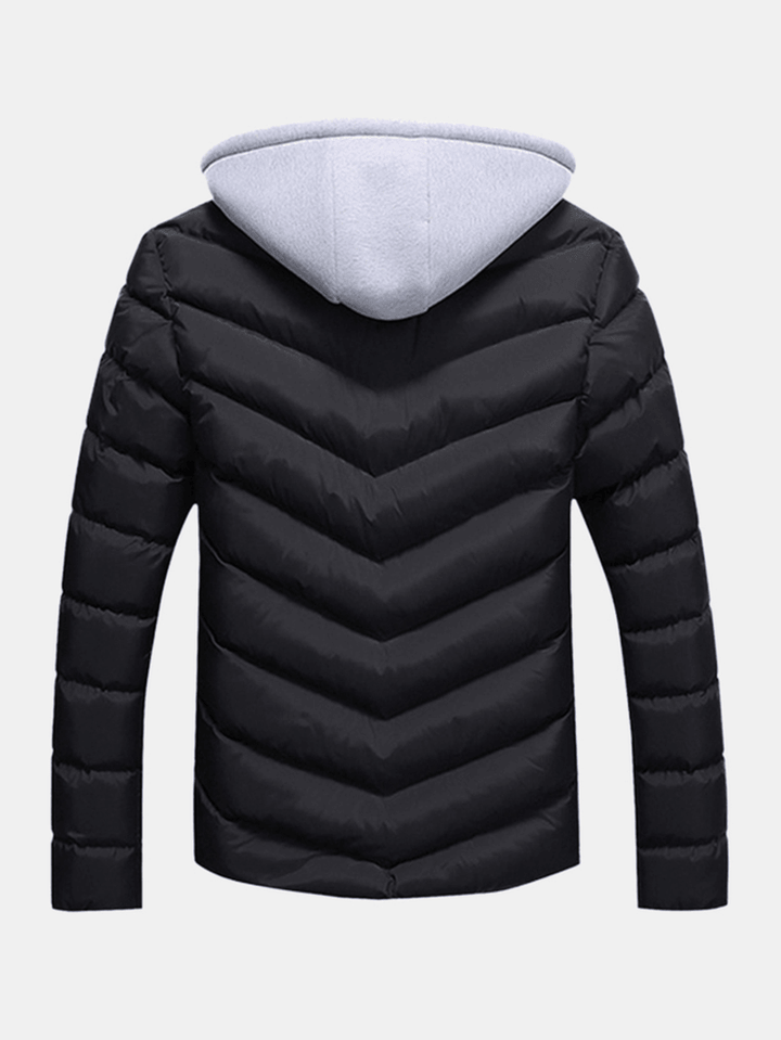 Mens Winter Thick Hooded Stitching Jacket Fashion Padded Casual Warm Zipper Pockets Coat