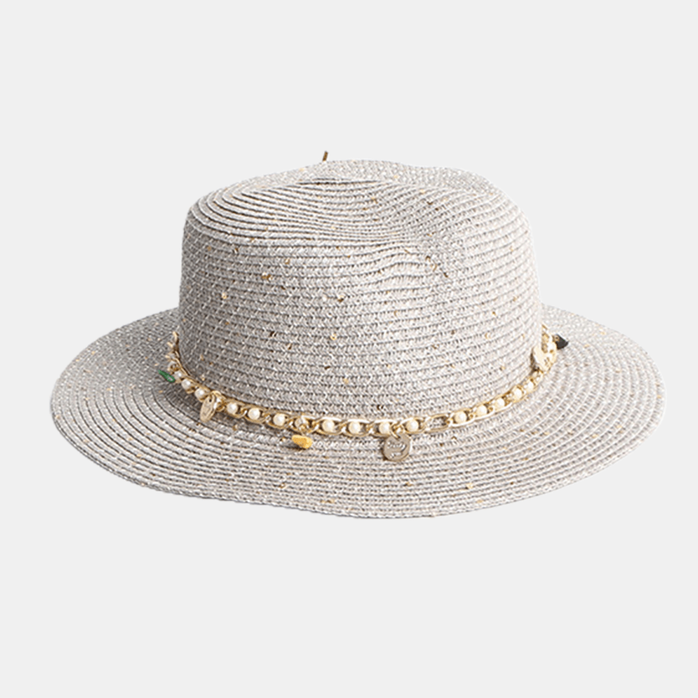 Women Sunscreen Summer Outdoor Casual Pearl Decoration Sun Hat Straw Hat - MRSLM