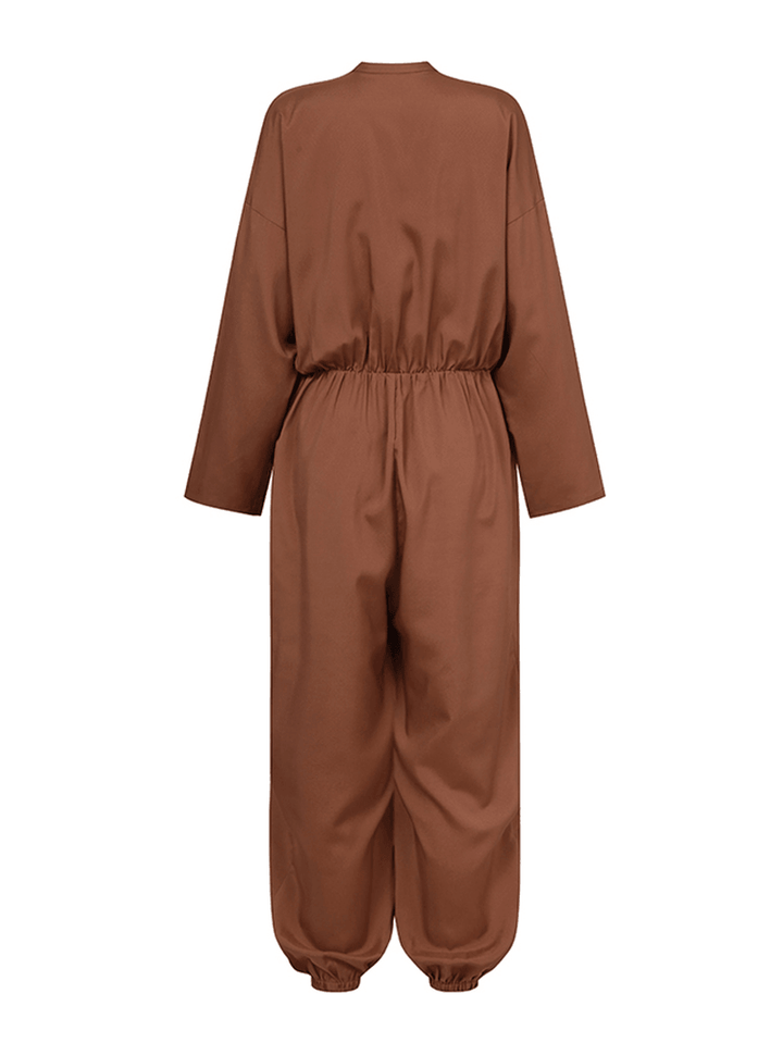 Women Zip Front Long Sleeve Beam Feet Cargo Solid Color Jumpsuits with Pocket