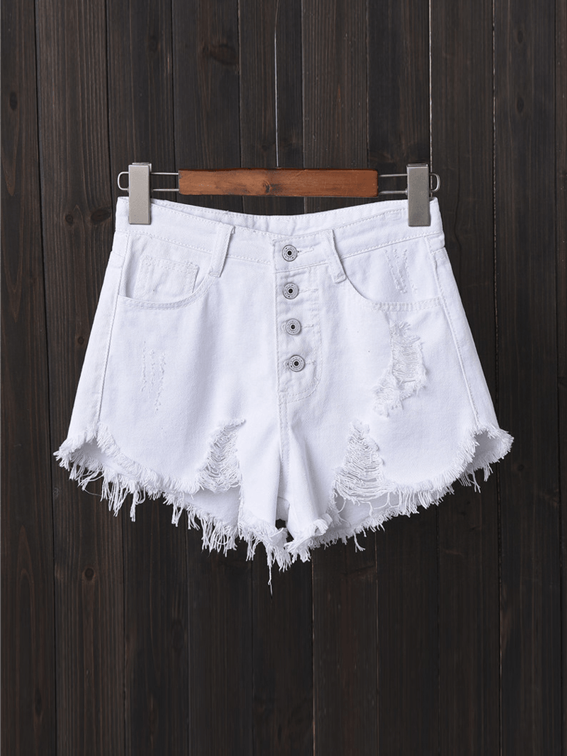 Women Button up Pocket Loose Hollow Ripped Denim Shorts