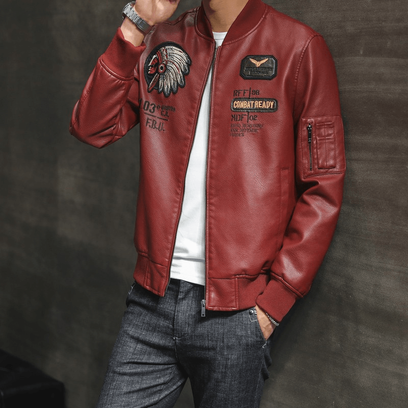 Men'S PU Leather Baseball Collar Embroidered Motorcycle Jacket