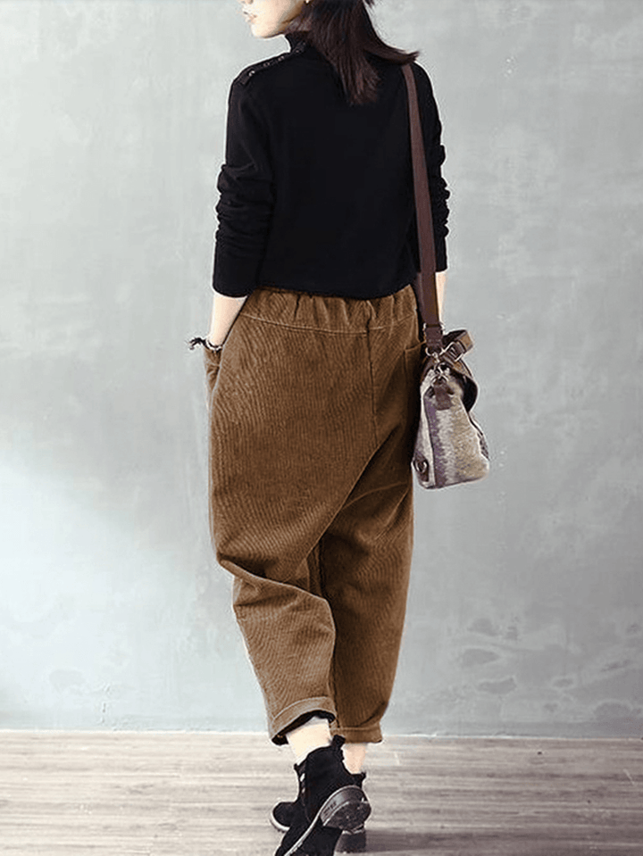 Corduroy Elastic Waist Loose Causal Pocket Pants