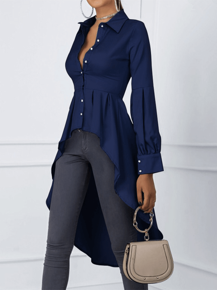 Solid Color Puff Sleeve Button Shirts High Low Hem Blouse for Women