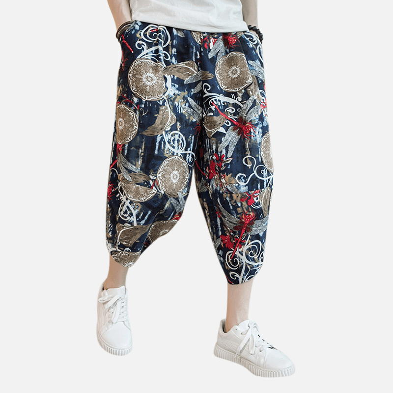 Mens Summer Chinese Style Linen Printing Calf Pants