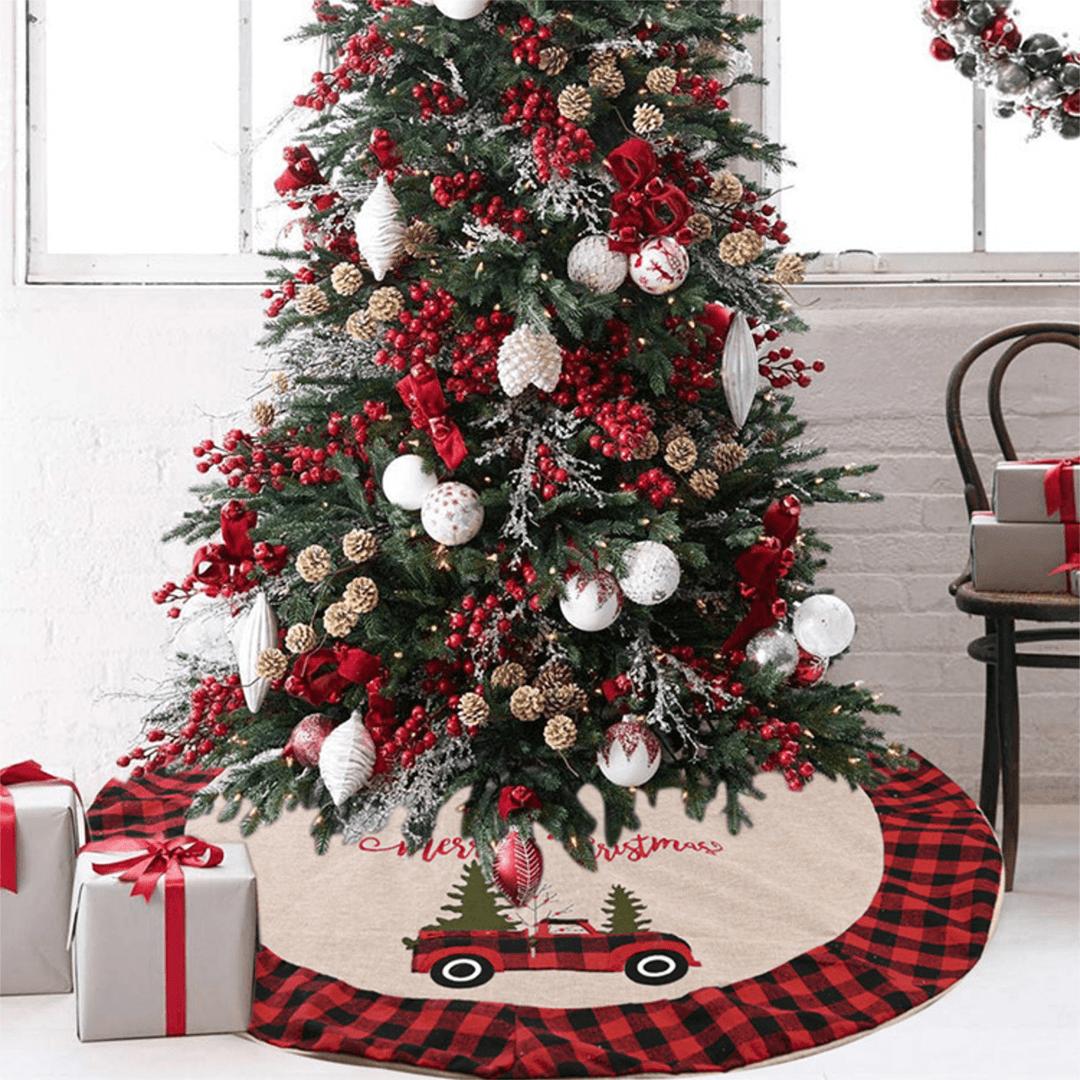 120Cm Linen Lattice 2020 Christmas Tree Skirt Aprons New Year Xmas Tree Carpet Foot Cover for Merry Christmas Decoration