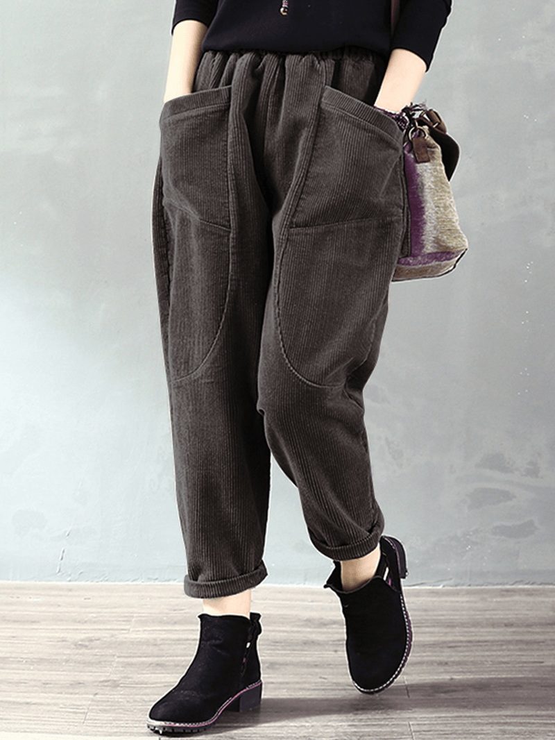 Corduroy Elastic Waist Loose Causal Pocket Pants - MRSLM