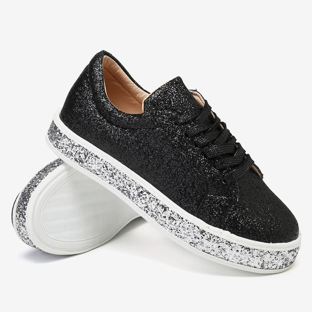 Women Glitter Sequined Fashion Lace up Party Casual Platform Shoes Flats