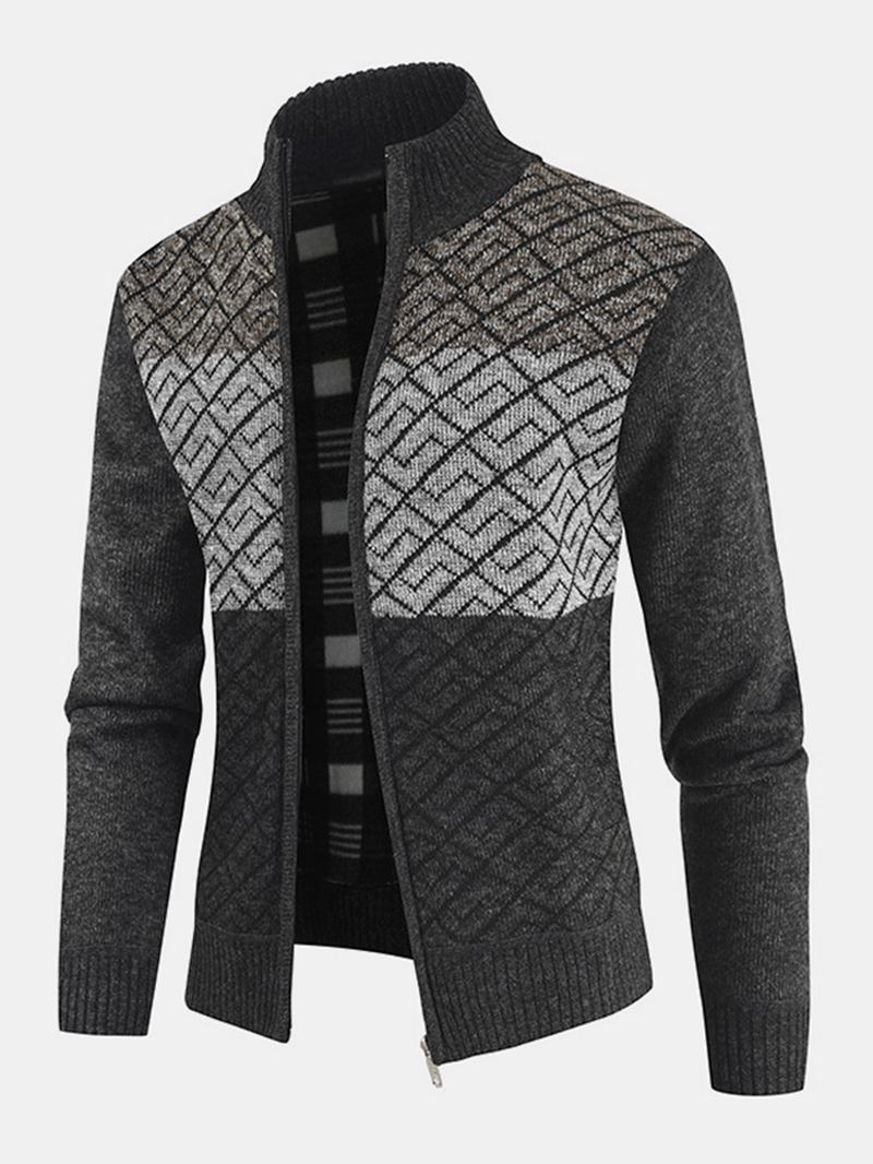 Mens Knitting Graphics Zipper Colorblock Warm Long Sleeve Sweater Jacket