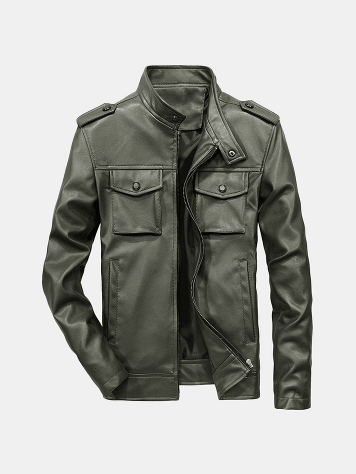 Mens Multi-Pocket Faux Leather Stand Collar Jacket