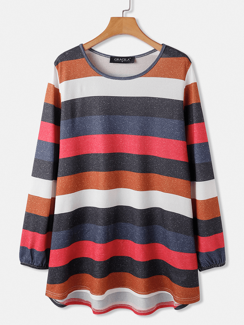 Women Colorful Horizontal Stripe round Neck Casual Long Sleeve Blouses - MRSLM