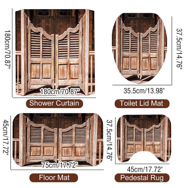 Old Wooden Door Retro Bath Pedestal Rug Lid Toilet Cover Mat Shower Curtain