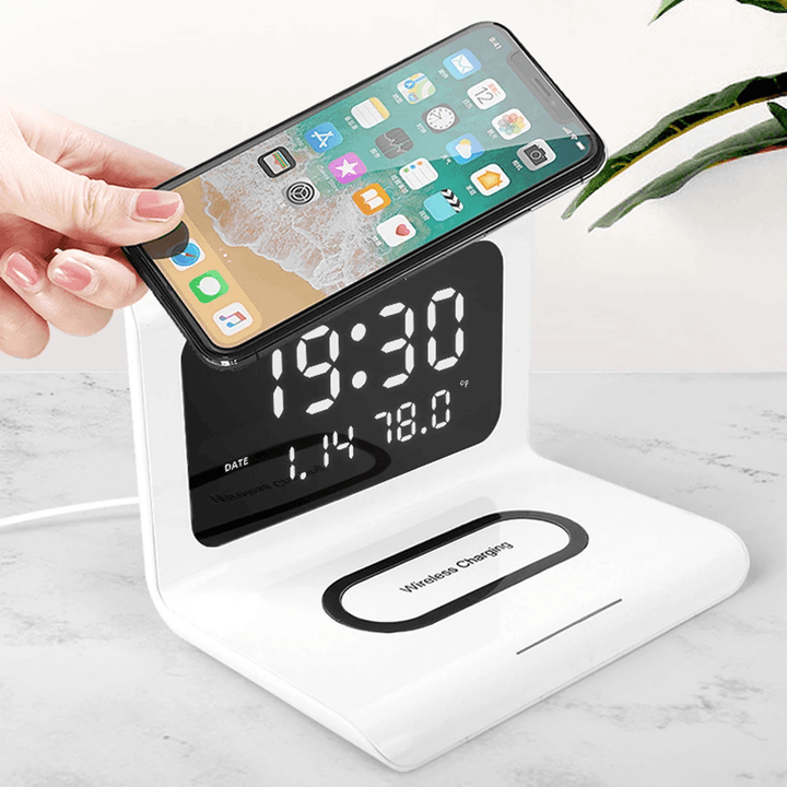 Electric LED 12/24H Alarm Clock with Phone QI 10W Wireless Charger Table Digital Thermometer LED Display Desktop Clock Perpetual Calendar