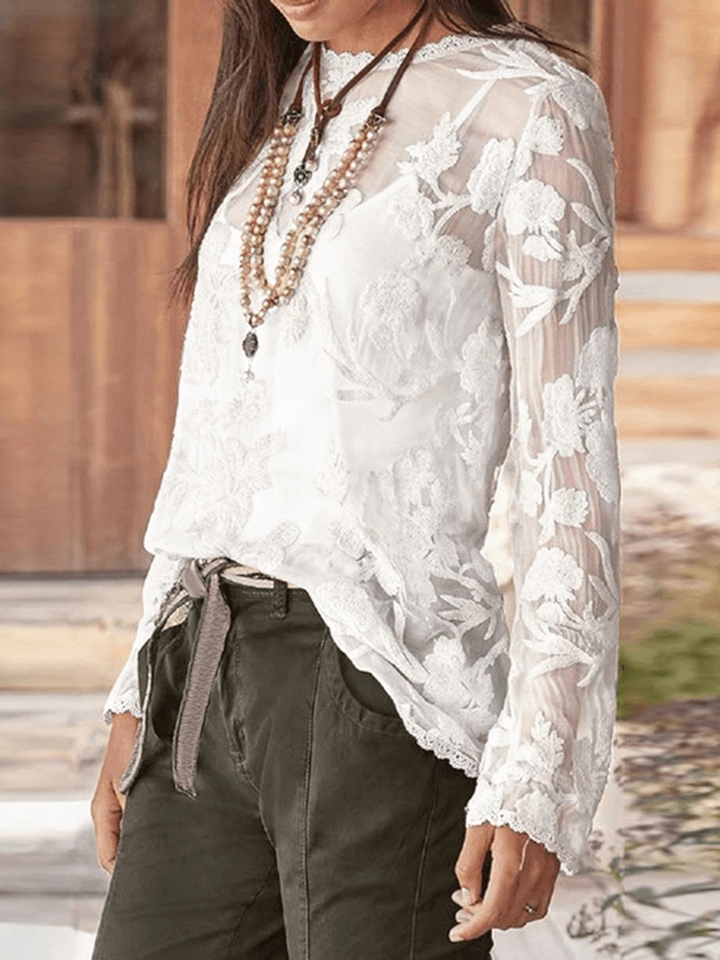 Solid Lace Patchwork O-Neck Long Sleeve Button Back Two-Piece Casual Blouse