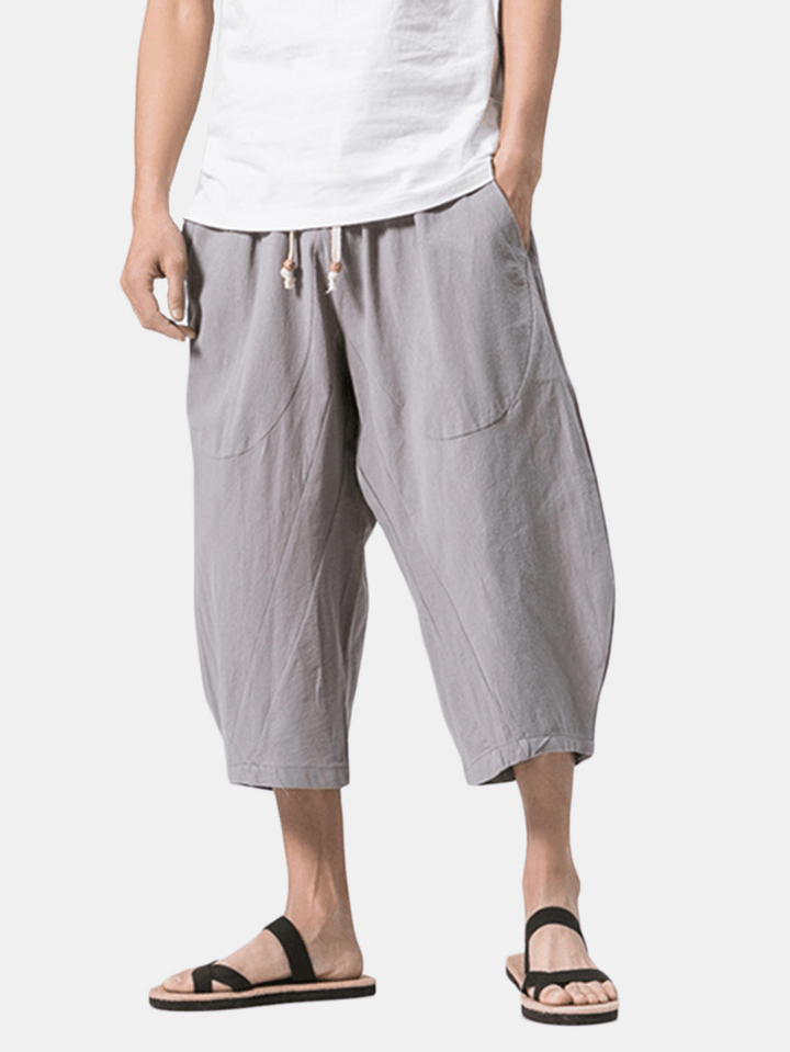 Stylish Mens Cotton Linen Baggy Loose Calf Length Pants Antibacterial Casual Shorts