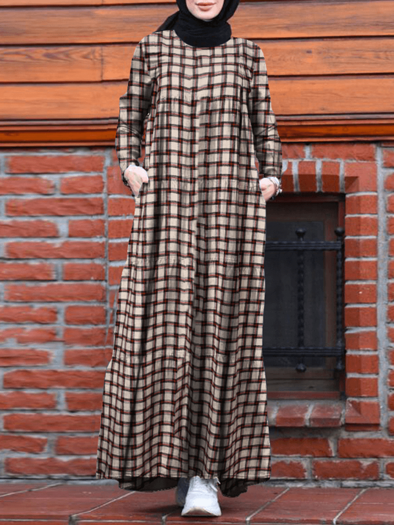 Women Vintage Plaid round Neck Kaftan Casual Long Sleeve Maxi Dresses with Pocket