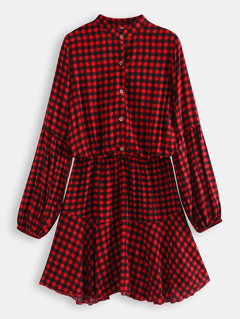 Long Sleveed Plaid Stand Collar Causal Shirt Dress for Women - MRSLM