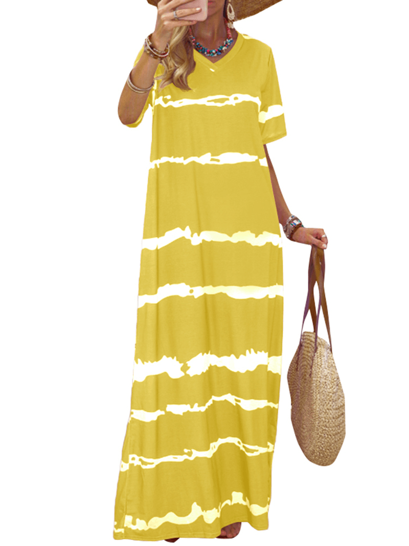 Bohemian Stripe Printed Clash Color Splicing Design V-Neck Dress