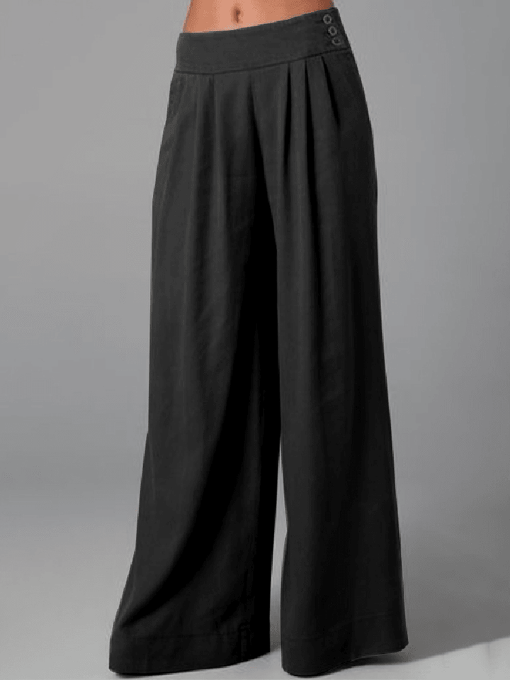 Women Solid Color Side Button Zipper Pocket Loose Casual Wide Leg Pants