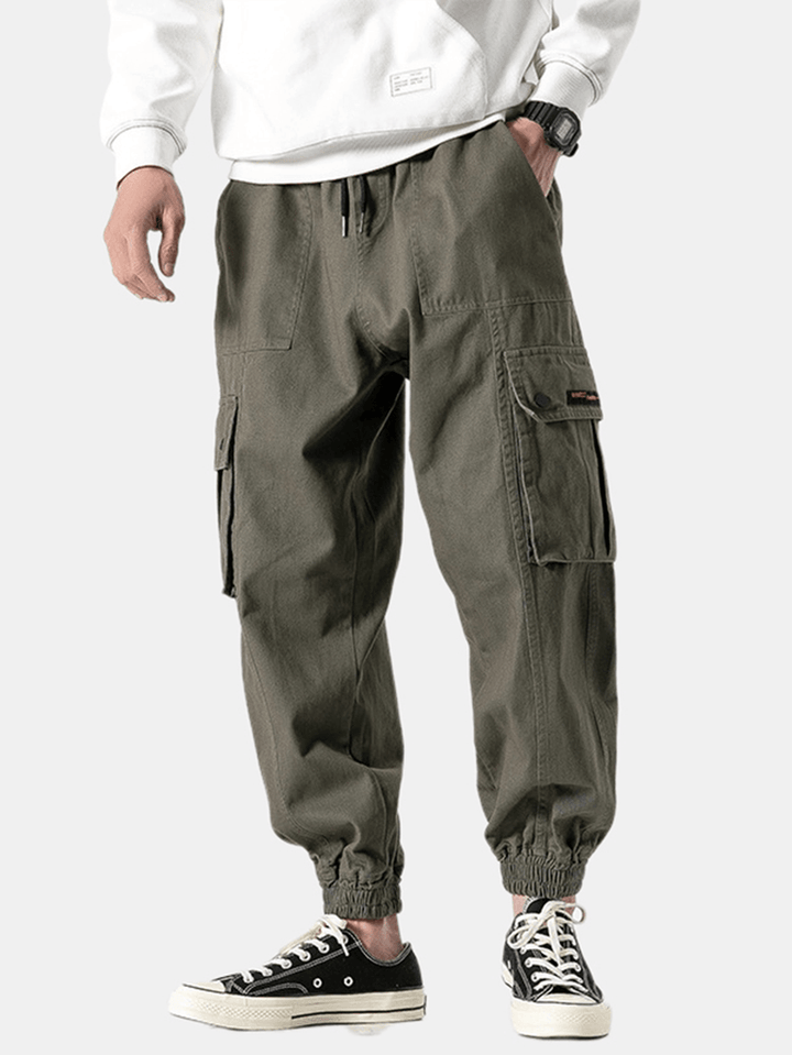 Mens Casual Elastic Waist Pockets Pure Color Straight Pants