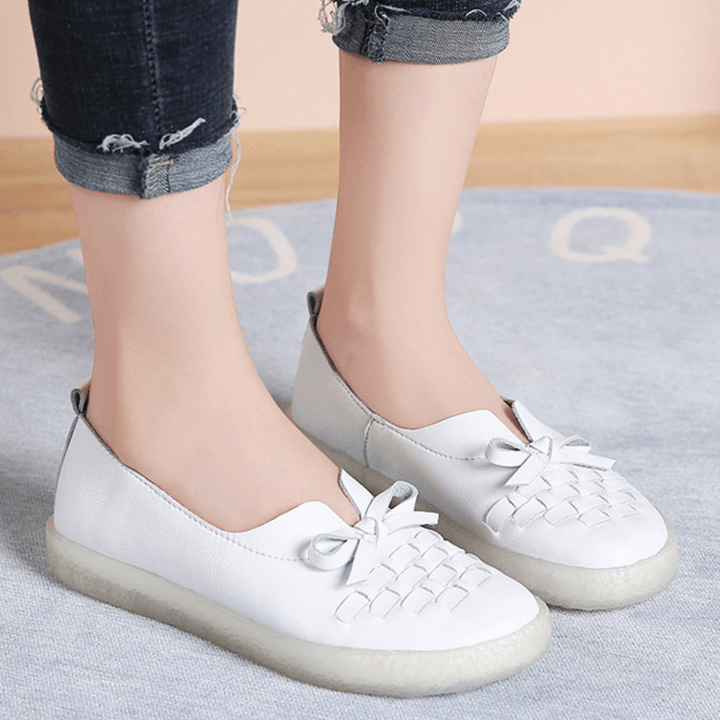 Women'S Leather Slip on Solid Color Woven Bowknot Asakuchi Flats Loafers Shoes