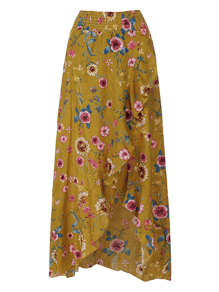 Bohemian Beach Floral Print Elastic Waist Flounce Hem Maxi Skirts