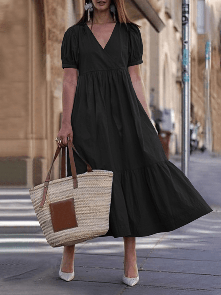 Women Cotton V-Neck Puff Sleeve Holiday Pleated Stitching Maxi Dress