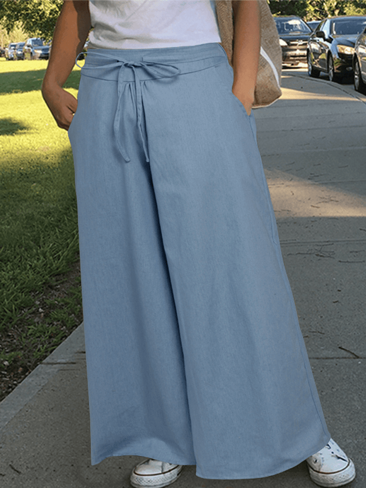 Women Solid Color Elastic Waist Cotton Casual Loose Wide Leg Pants