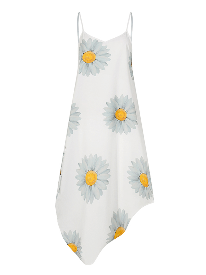 Hawaiian Style Holiday Small Daisies Print Irregular Hem V-Neck Sling Sleeveless Midi Dress