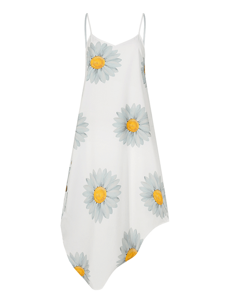 Hawaiian Style Holiday Small Daisies Print Irregular Hem V-Neck Sling Sleeveless Midi Dress