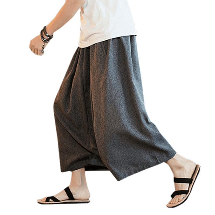 Chinese Style Casual Breathable Wide Leg Pants Fashion Men'S Large Size Calf-Length Pants