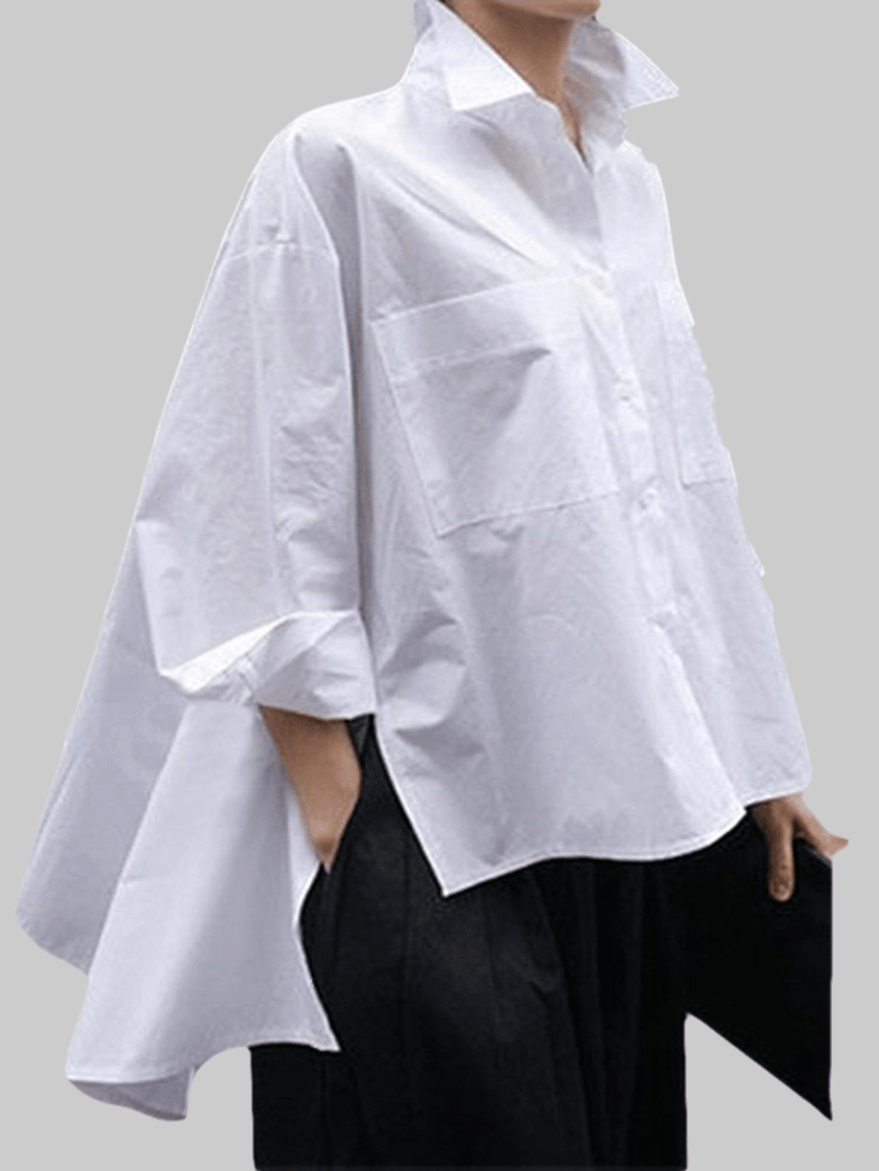 Women's Lapel Pocket Irregular Hem Shirts with Long Sleeves in Solid Colors