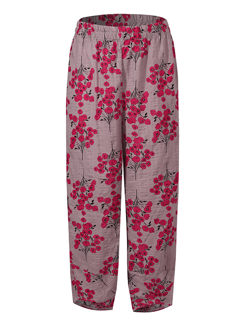 Women's Floral Print Casual Pants with Elastic Waist and Side Pockets