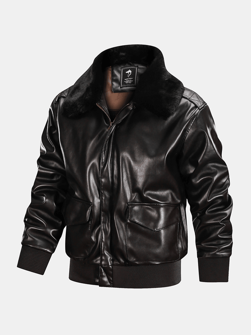 Mens Zipper Big Flap Pocket Fur Collar Cargo PU Jacket