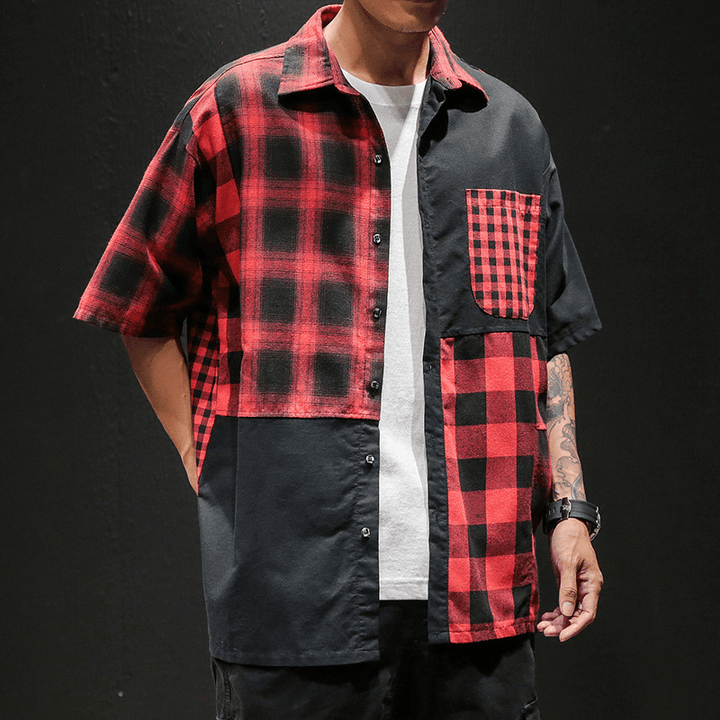 Plaid Shirt Loose Contrast Color Asymmetric Stitching Shirt Jacket