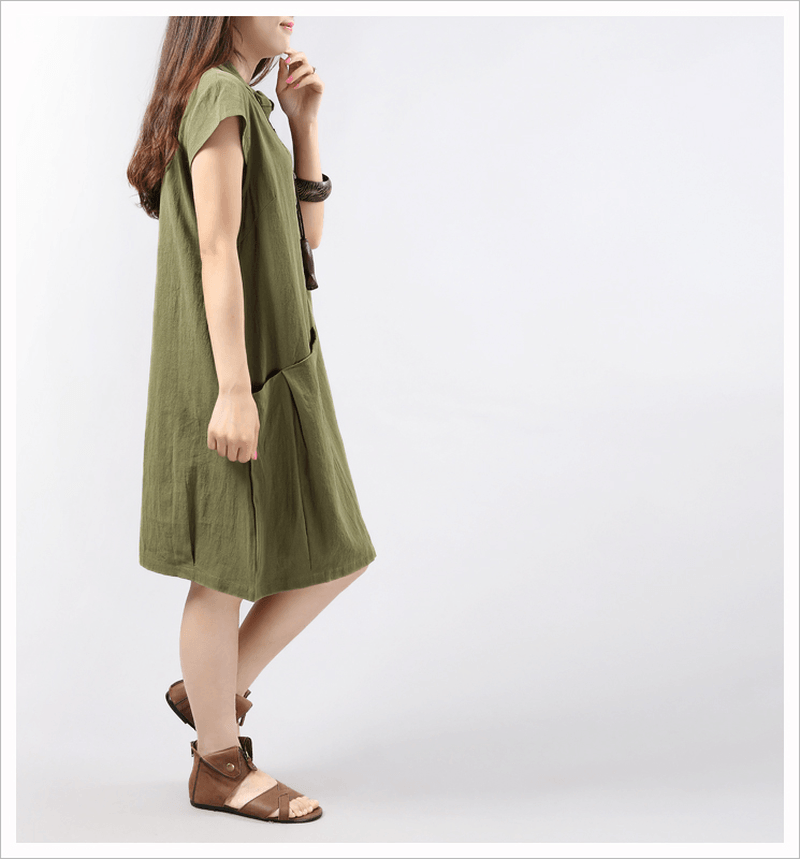 Women Short Sleeve Button Solid Color Casual Dress