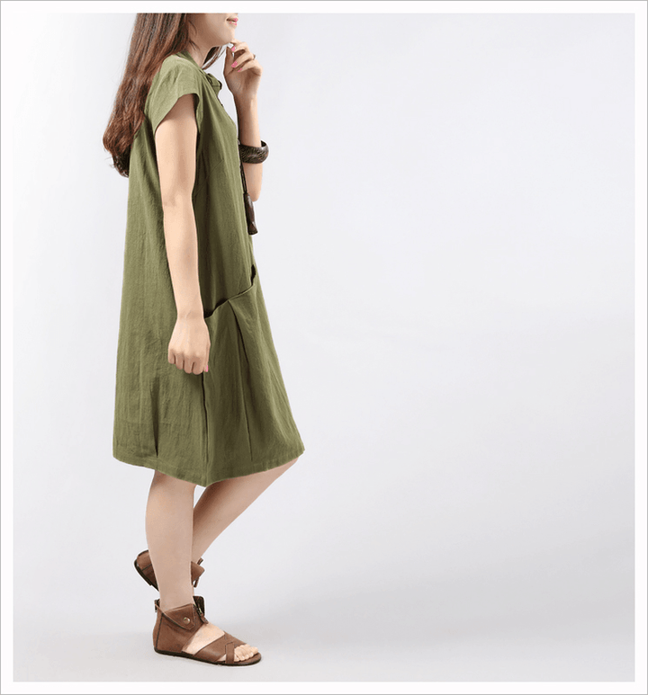 Women Short Sleeve Button Solid Color Casual Dress