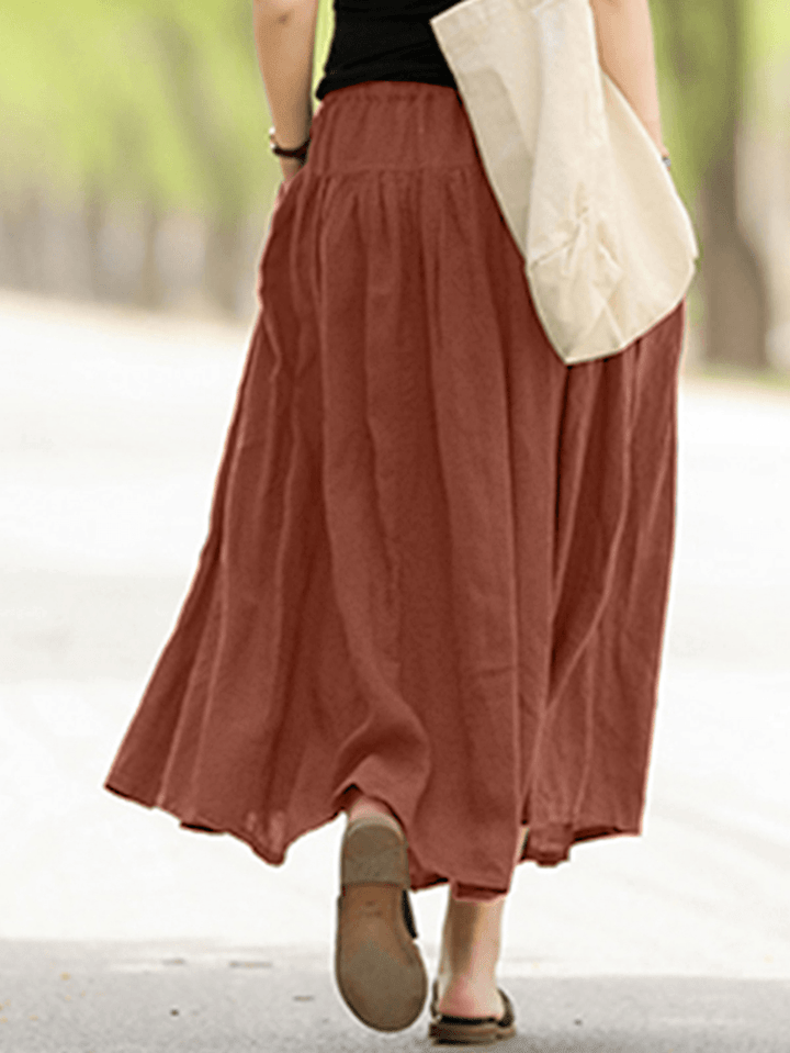 Casual Solid Elastic Waist Pleated Spliced Cotton Skirt for Women