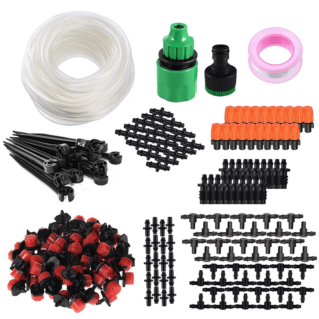 164Pcs Drip Irrigation System Micro Drip Irrigation Kit DIY Patio Plant Watering Kit Garden Irrigation System 15M Transprant Hose with 2 Kind of Spayers