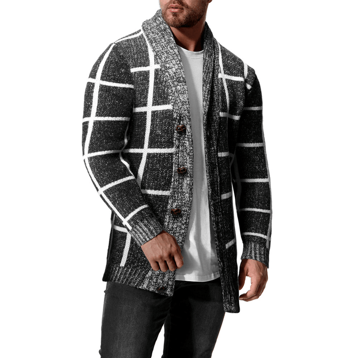 Men'S Winter Color Matching Plaid Cardigan Sweater